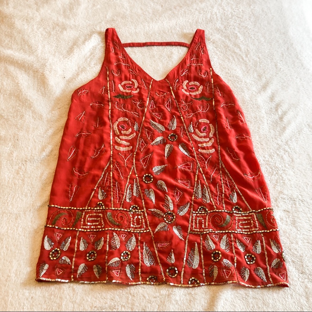 Free People | Embroidered Beaded Red Shift Dress - Picture 2 of 8